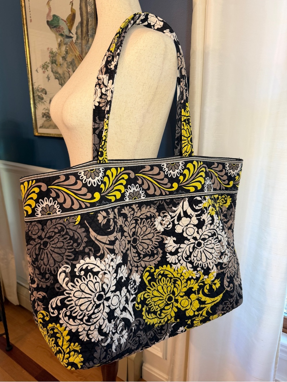Vera Bradley Baroque Large Quilted Floral Tote Bag in Black, Yellow & Cream
